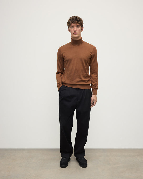 johnstons of elgin Superfine Cashmere Dark Camel Roll Neck Jumper