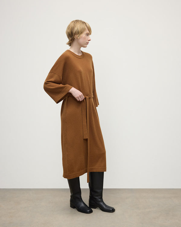 Johnstons Of Elgin Tie-Waist Cashmere Dark Camel Jumper Dress
