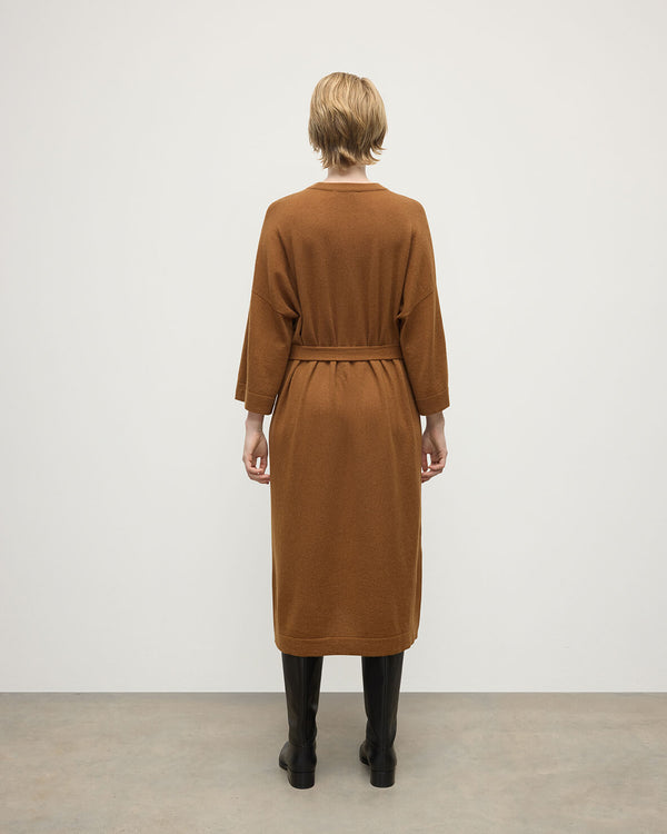 Johnstons Of Elgin Tie-Waist Cashmere Dark Camel Jumper Dress