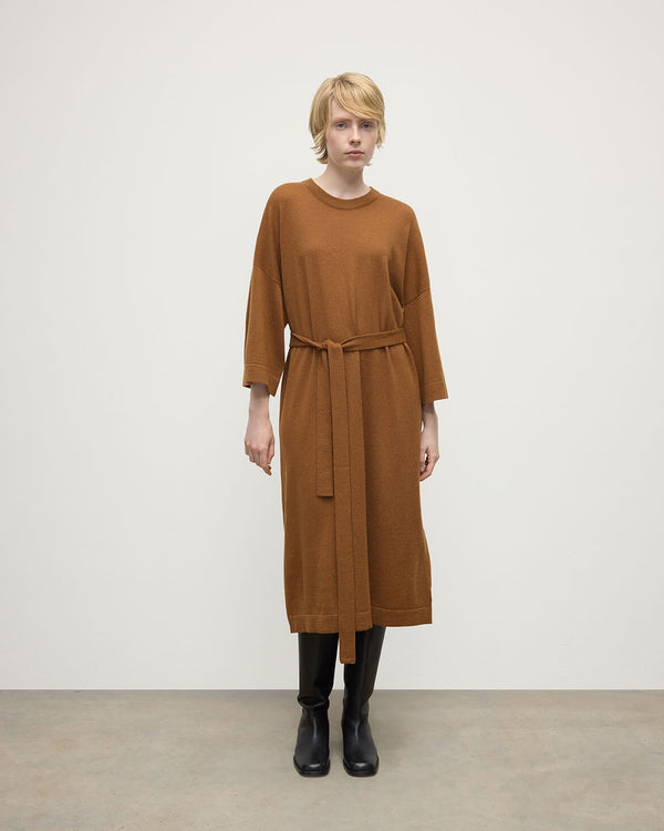 johnstons of elgin Tie-Waist Cashmere Dark Camel Jumper Dress