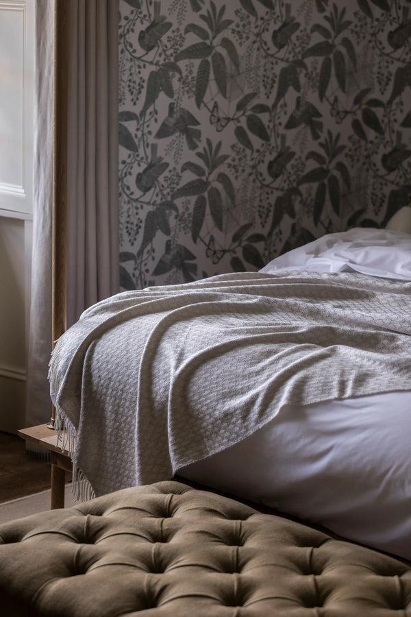 Johnstons Of Elgin Trellis Weave Merino Light Grey Bed Throw