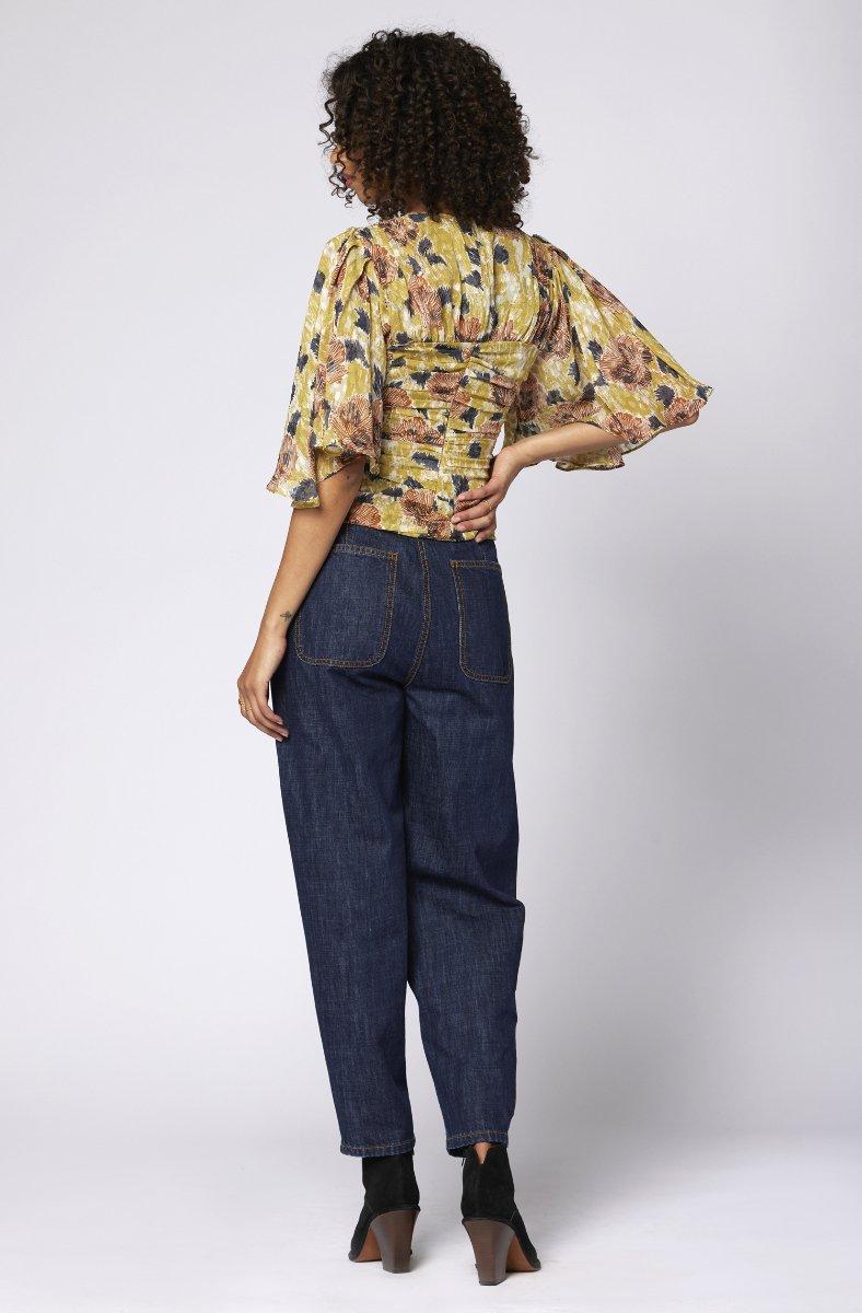 Jojo Maman Bébé Foster Short Sleeve Silk Top Ecru Olive Multi Yellow