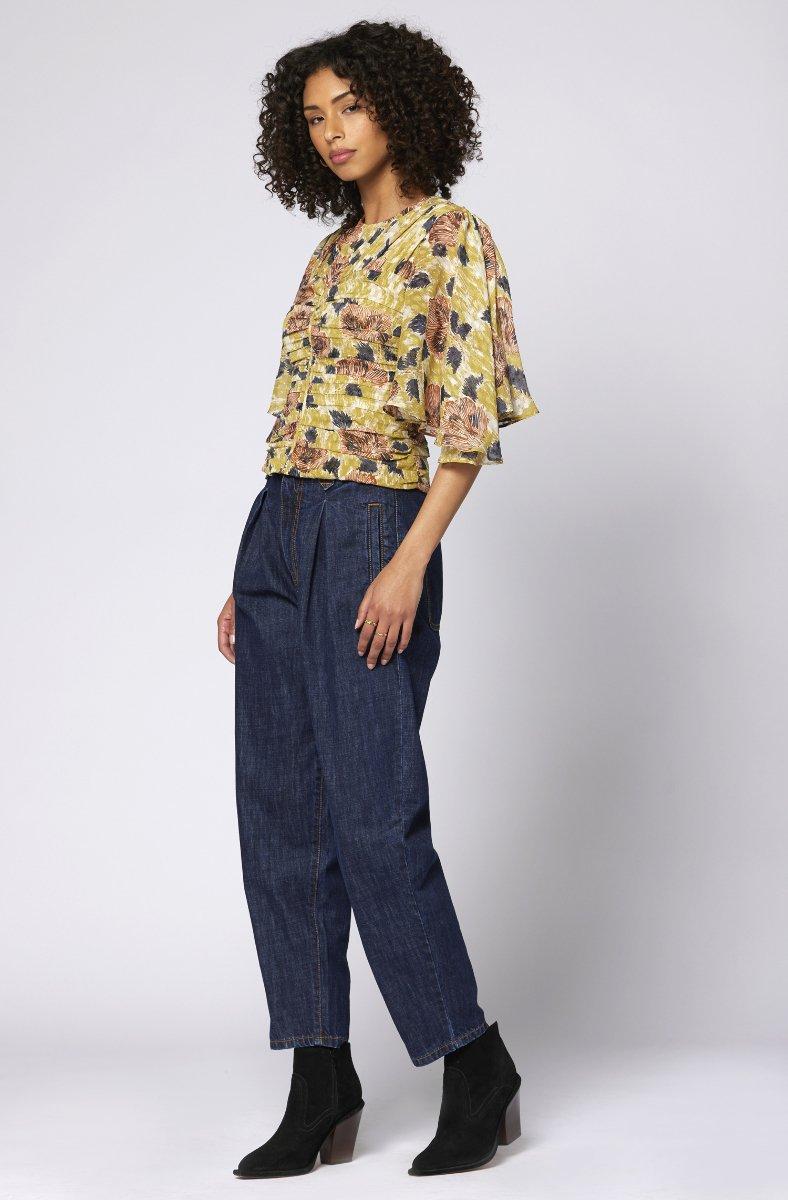 Jojo Maman Bébé Foster Short Sleeve Silk Top Ecru Olive Multi Yellow