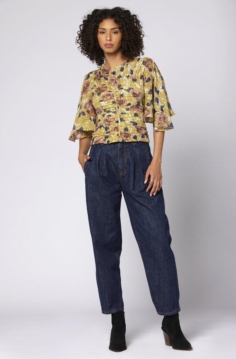 jojo maman bébé Foster Short Sleeve Silk Top Ecru Olive Multi Yellow