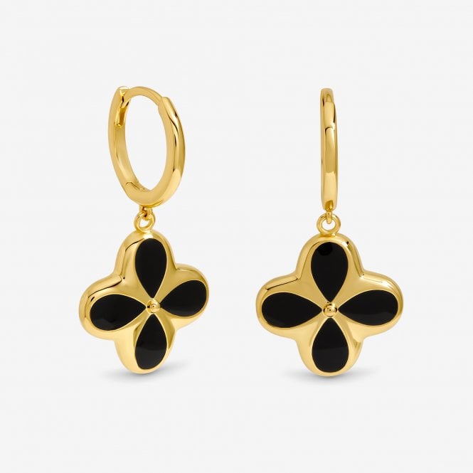 jon richard Inicio 14ct Gold Plated and Jet Enamel Clover Earrings - Gift Pouch