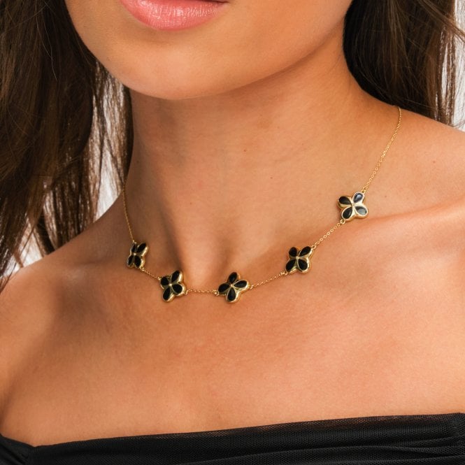 Jon Richard Inicio 14ct Gold Plated And Jet Enamel Clover Necklace - Gift Pouch