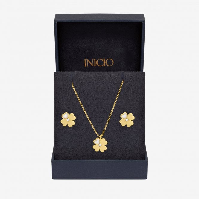 jon richard Inicio 14K Gold Plated and Cubic Zirconia Clover Set - Gift Box