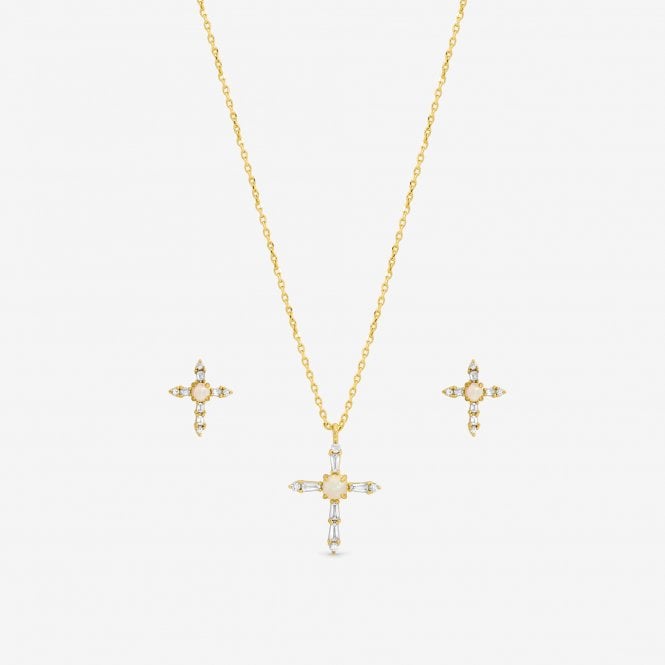 Jon Richard Inicio 14K Gold Plated Cubic Zirconia And Opal Cross Set - Gift Box