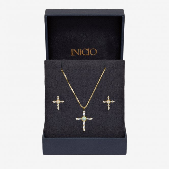 jon richard Inicio 14K Gold Plated Cubic Zirconia and Opal Cross Set - Gift Box