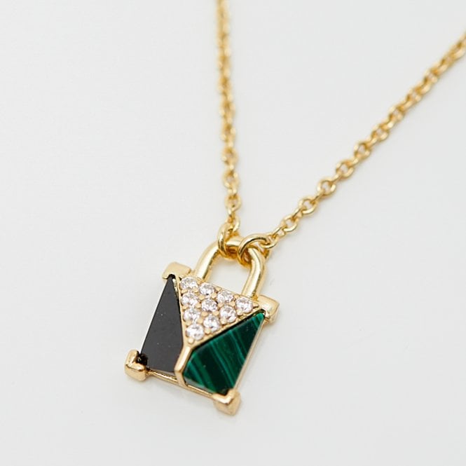 Jon Richard Inicio 14K Real Gold Plated Recycled Malaquite Padlock Pendant Necklace - Gift Pouch