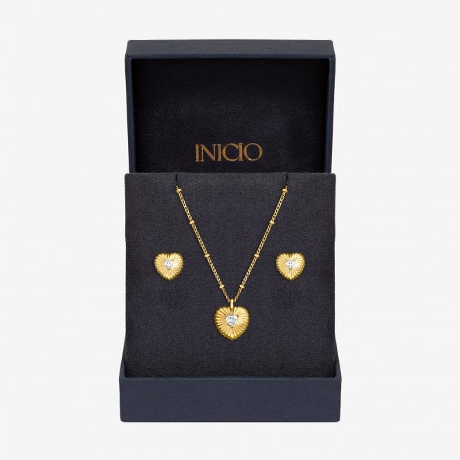jon richard Inicio Gold Plated and Cubic Zirconia Ridged Heart Set - Gift Box