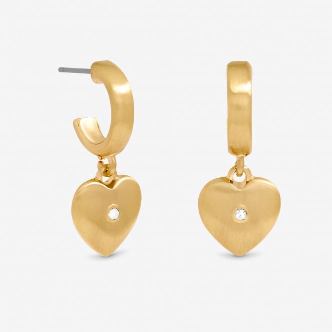 jon richard Inicio Gold Plated Brushed Heart and Crystal Hoop Earrings - Gift Pouch