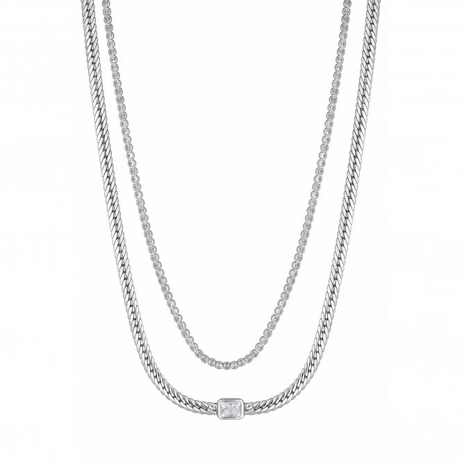 Jon Richard Inicio Silver Plated Recycled Cobra Double Chain And Cubic Zirconia Necklace - Gift Pouch