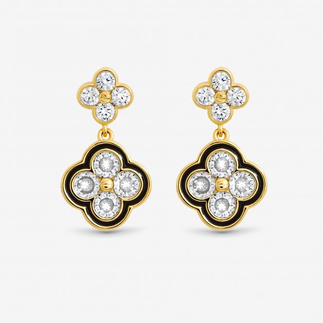 Jon Richard Jon Richard 14K Gold Plated Jet And Crystal Clover Earrings - Gift Box