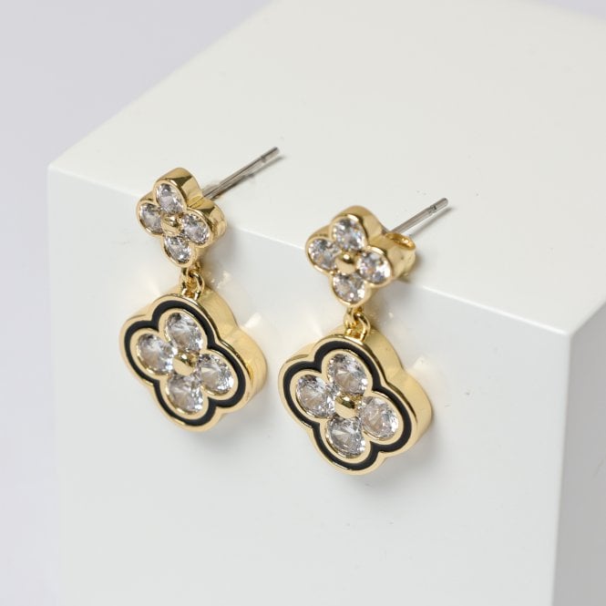 Jon Richard Jon Richard 14K Gold Plated Jet And Crystal Clover Earrings - Gift Box