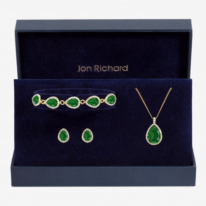 jon richard Jon Richard Gold Plated and Emerald Pear Drop Trio Set - Gift Box