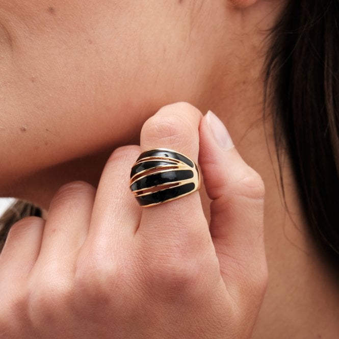 Jon Richard Jon Richard Gold Plated And Jet Enamel Cross Over Ring