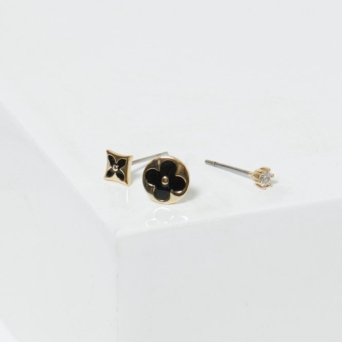Jon Richard Jon Richard Gold Plated And Jet Enamel Earrings - Pack Of 3