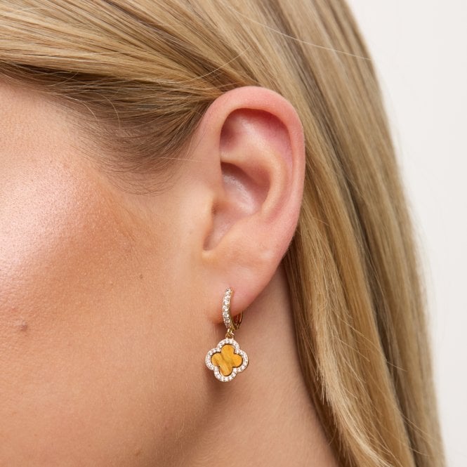 Jon Richard Jon Richard Gold Plated And Tigers Eye Clover Huggie Earrings