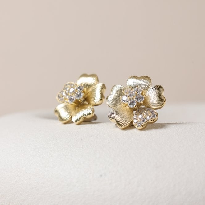 Jon Richard Jon Richard Gold Plated Brushed And Pave Flower Stud Earrings