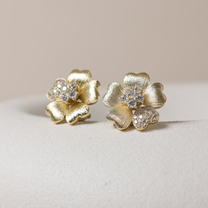 Jon Richard Jon Richard Gold Plated Brushed And Pave Flower Stud Earrings