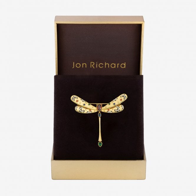 jon richard Jon Richard Gold Plated Crystal and Multi Coloured Dragonfly Brooch - Gift Box