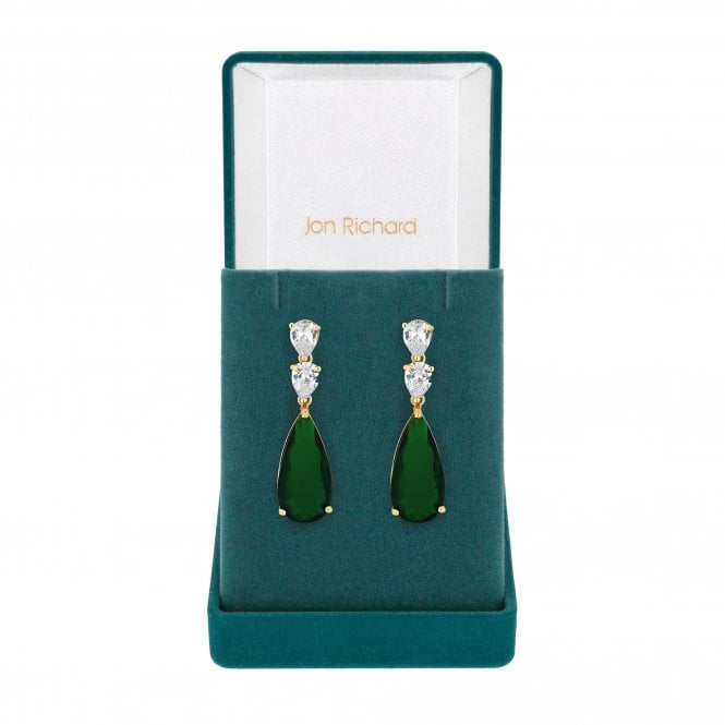 jon richard Jon Richard Gold Plated Cubic Zirconia Emerald Green Pear Drop Earrings - Gift Boxed