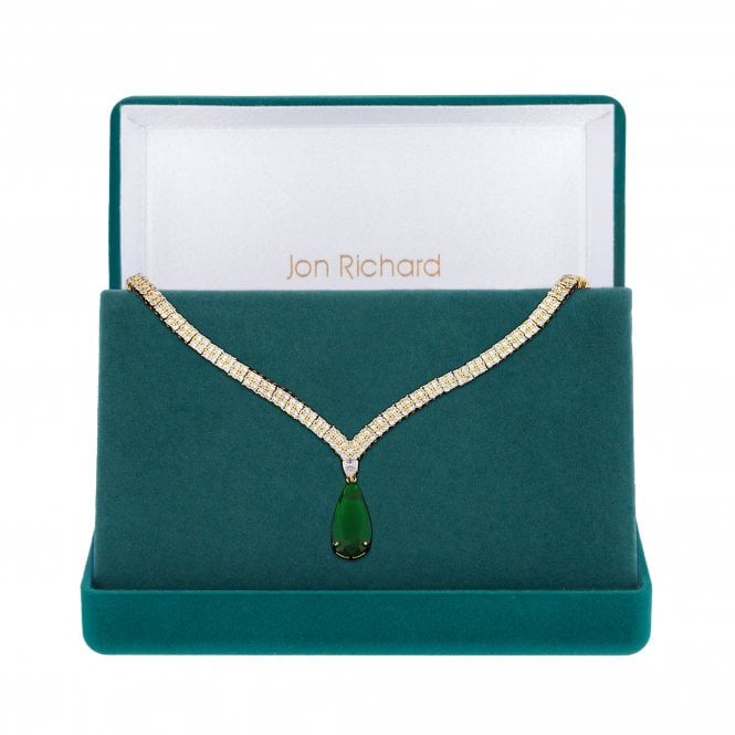 jon richard Jon Richard Gold Plated Cubic Zirconia Emerald Green Pear Drop Collar Necklace - Gift Boxed