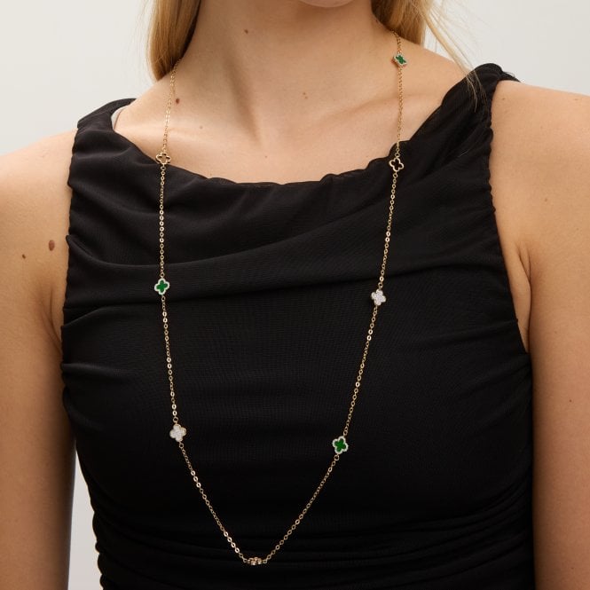 Jon Richard Jon Richard Gold Plated Malachite Clover Station Rope Necklace