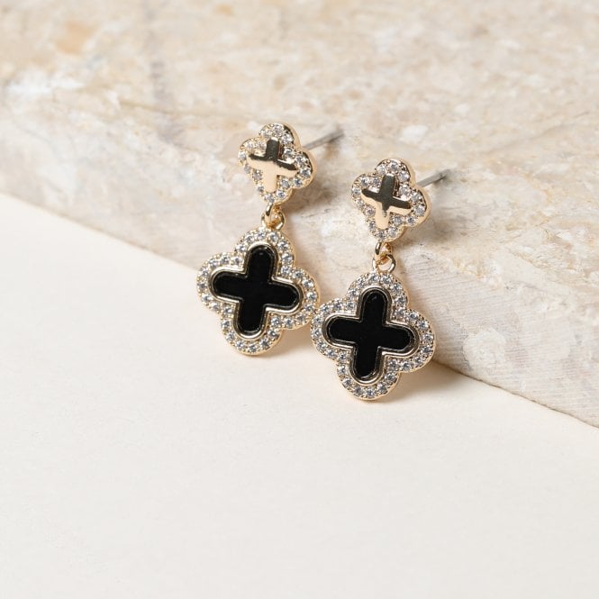 Jon Richard Jon Richard Gold Plated Pave And Jet Enamel Clover Earrings