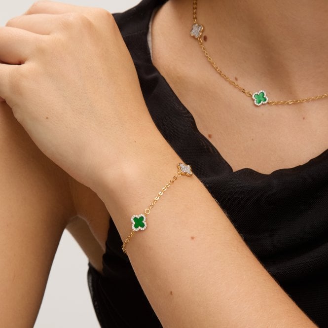 Jon Richard Jon Richard Gold Plated Pave And Malachite Clover Bracelet