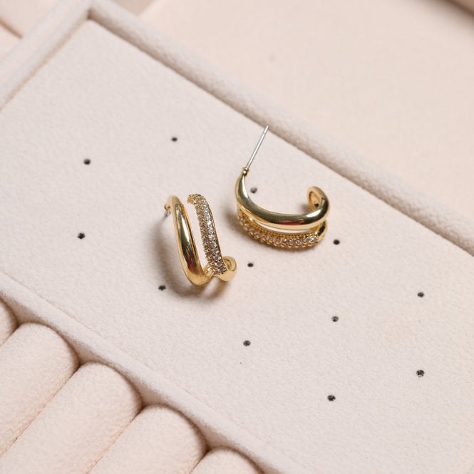 Jon Richard Jon Richard Gold Plated Polished And Pave Double Row Hoop Earrings