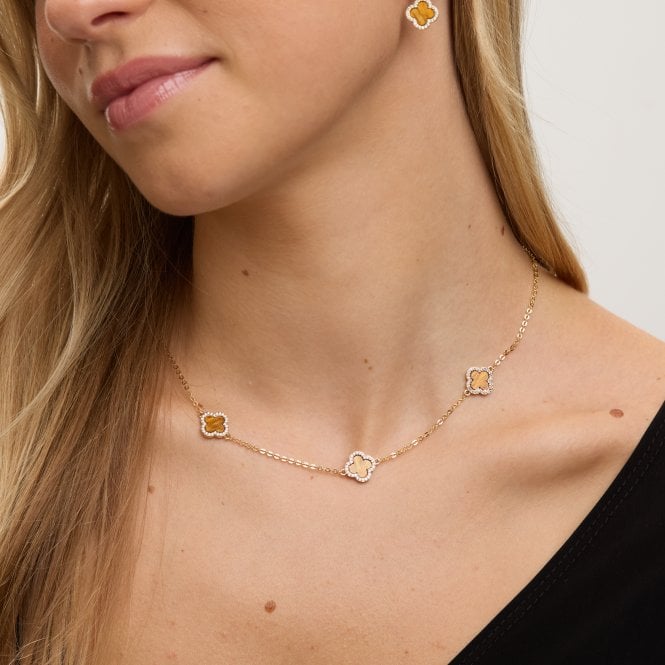 Jon Richard Jon Richard Gold Plated Tigers Eye Station Clover Necklace