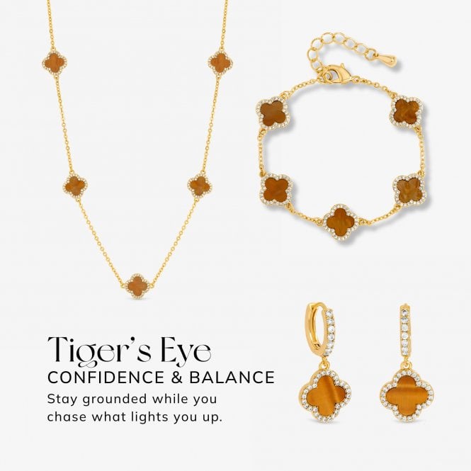 Jon Richard Jon Richard Gold Plated Tigers Eye Station Clover Necklace