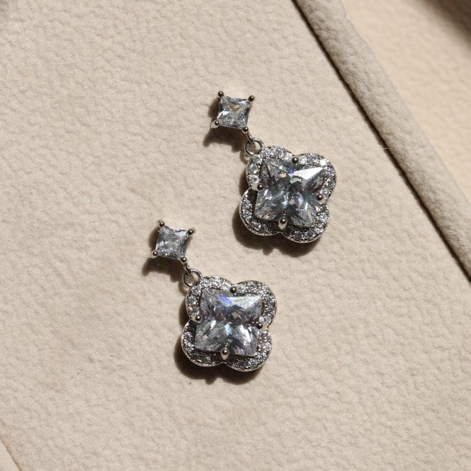 Jon Richard Jon Richard Rhodium Plated And Cubic Zirconia Clover Drop Earrings