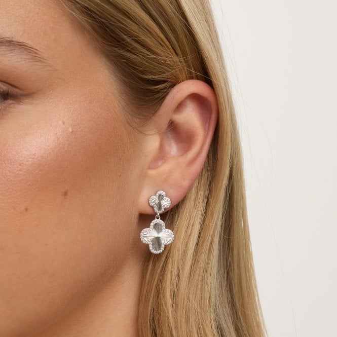 Jon Richard Jon Richard Rhodium Plated And Diamond Clover Double Drop Earrings - Gift Box
