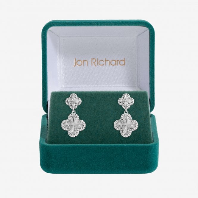 jon richard Jon Richard Rhodium Plated and Diamond Clover Double Drop Earrings - Gift Box