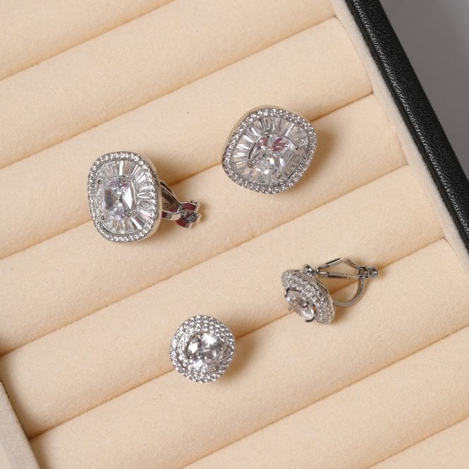 Jon Richard Jon Richard Rhodium Plated Baguette Cubic Zirconia Stud Clip Earrings