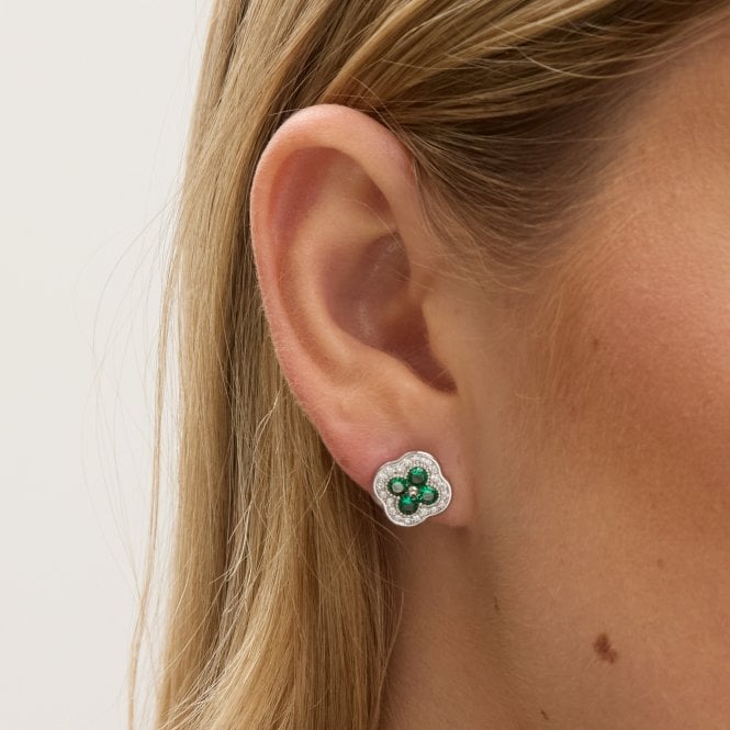 Jon Richard Jon Richard Rhodium Plated Crystal And Emerald Clover Studs