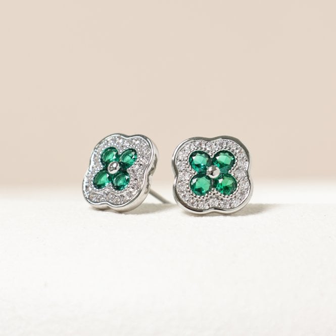 Jon Richard Jon Richard Rhodium Plated Crystal And Emerald Clover Studs