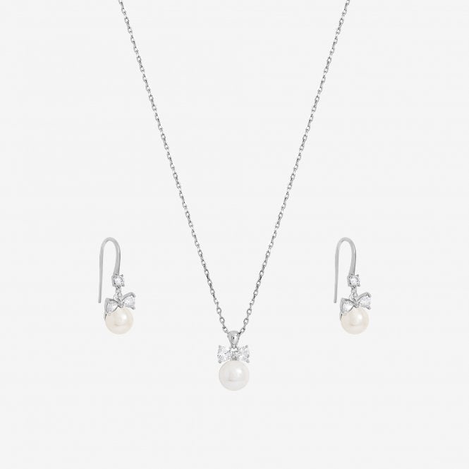 Jon Richard Jon Richard Rhodium Plated Crystal Bow And Pearl Drop Set - Gift Box