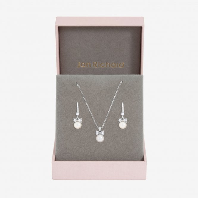 jon richard Jon Richard Rhodium Plated Crystal Bow and Pearl Drop Set - Gift Box