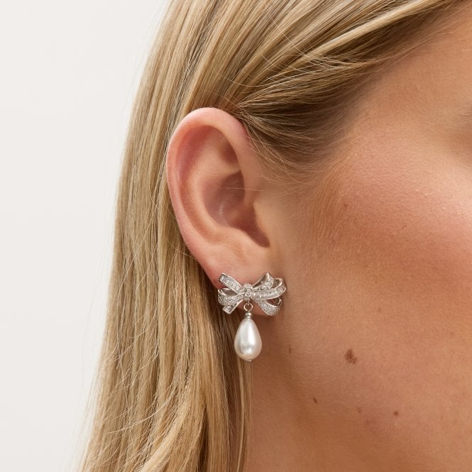 Jon Richard Jon Richard Rhodium Plated Cubic Zirconia Bow And Pearl Earrings