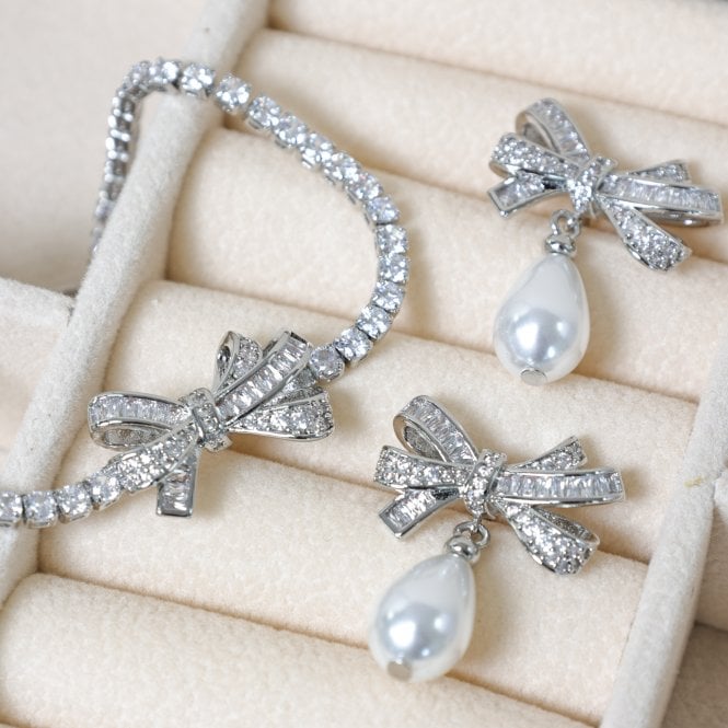 Jon Richard Jon Richard Rhodium Plated Cubic Zirconia Bow And Pearl Earrings