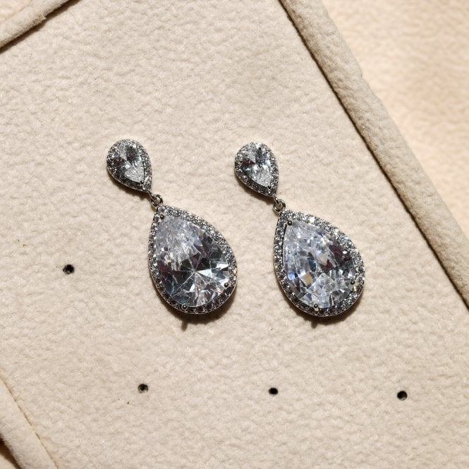 Jon Richard Jon Richard Rhodium Plated Cubic Zirconia Double Pear Drop Earrings
