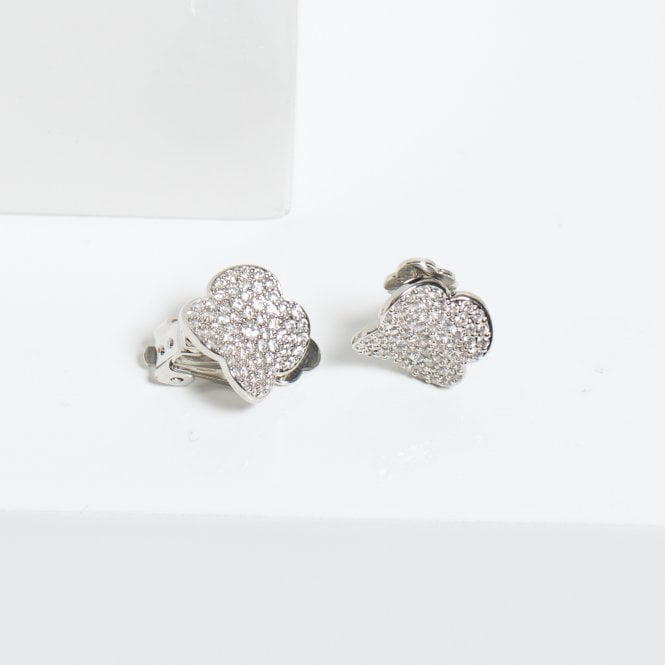 Jon Richard Jon Richard Rhodium Plated Cubic Zirconia Pave Clover Clip Earrings