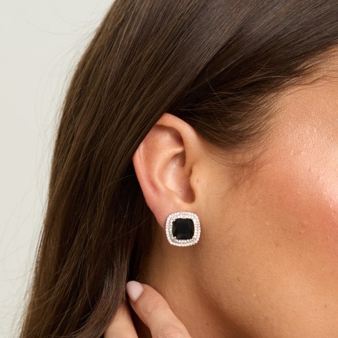 Jon Richard Jon Richard Rhodium Plated Large Sqaure Jet Halo Stud Earrings