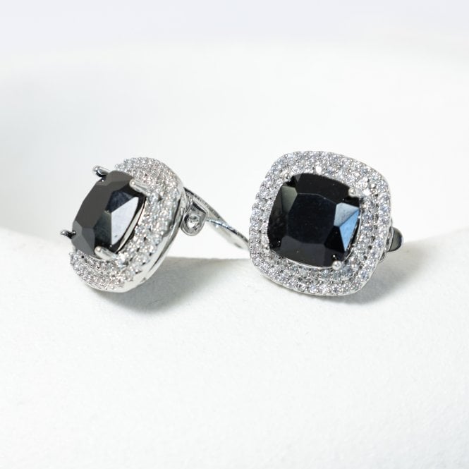 Jon Richard Jon Richard Rhodium Plated Large Sqaure Jet Halo Stud Earrings