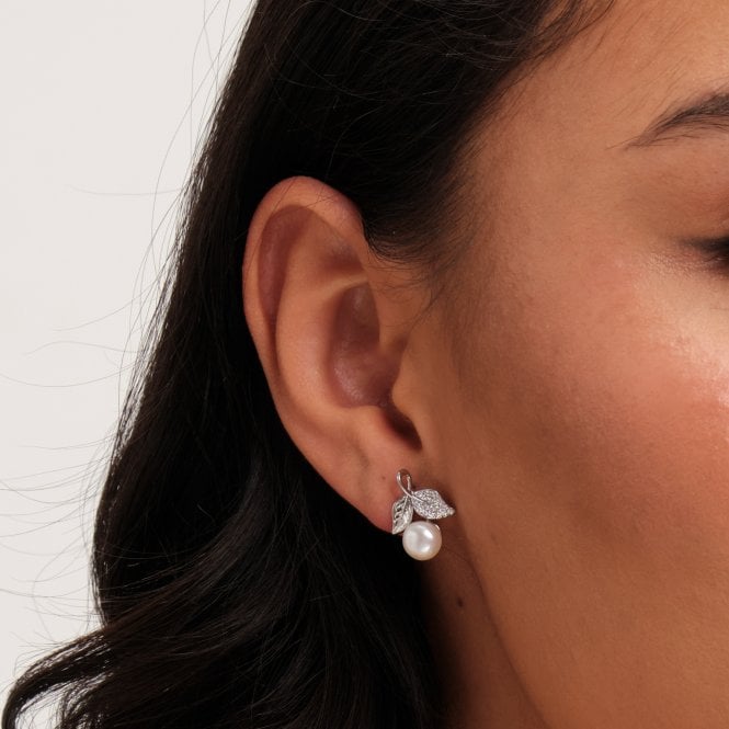 Jon Richard Jon Richard Rhodium Plated Leaf Cubic Zirconia And Pearl Earrings