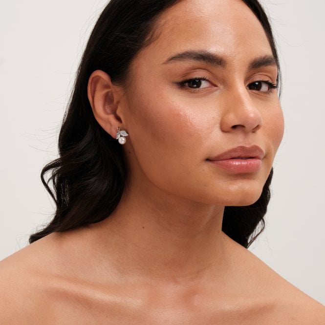 Jon Richard Jon Richard Rhodium Plated Leaf Cubic Zirconia And Pearl Earrings